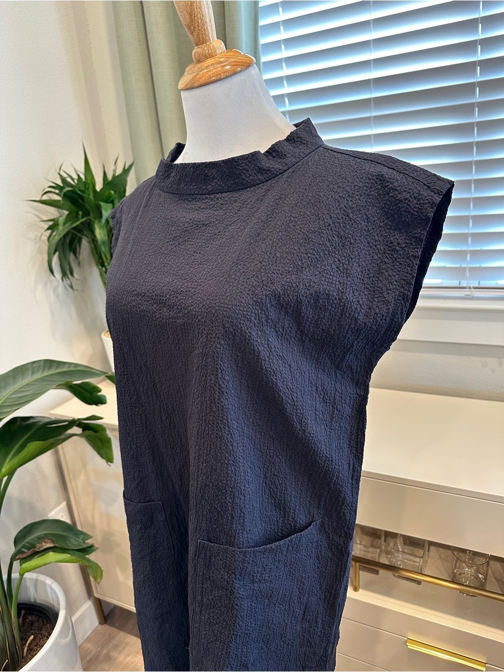 Eileen Fisher Organic Cotton Navy Textured Sleeveless Mini Shift Dress - Picture 9 of 9